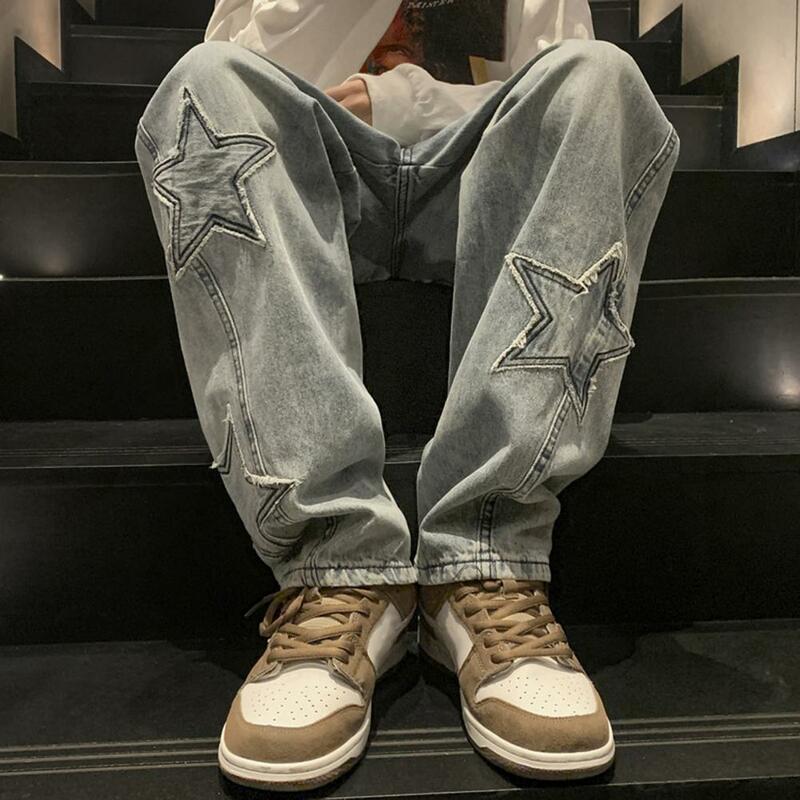 Retro Style Jeans Men's Oversize Star Aesthetic Denim Pants Wide Leg Jeans for High Street Fashion Vintage Korean for Women