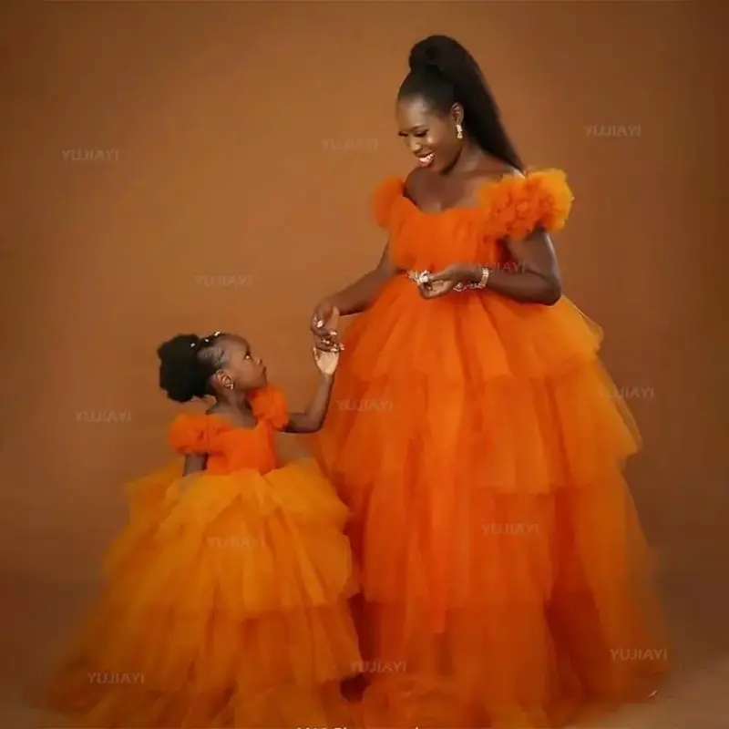 Gaun Prom Wanita Hamil Gaun Hamil Tulle Berbulu untuk Pemotretan Tulle Kerutan Gaun Pesta Ulang Tahun Fotografi Anak-anak Ibu