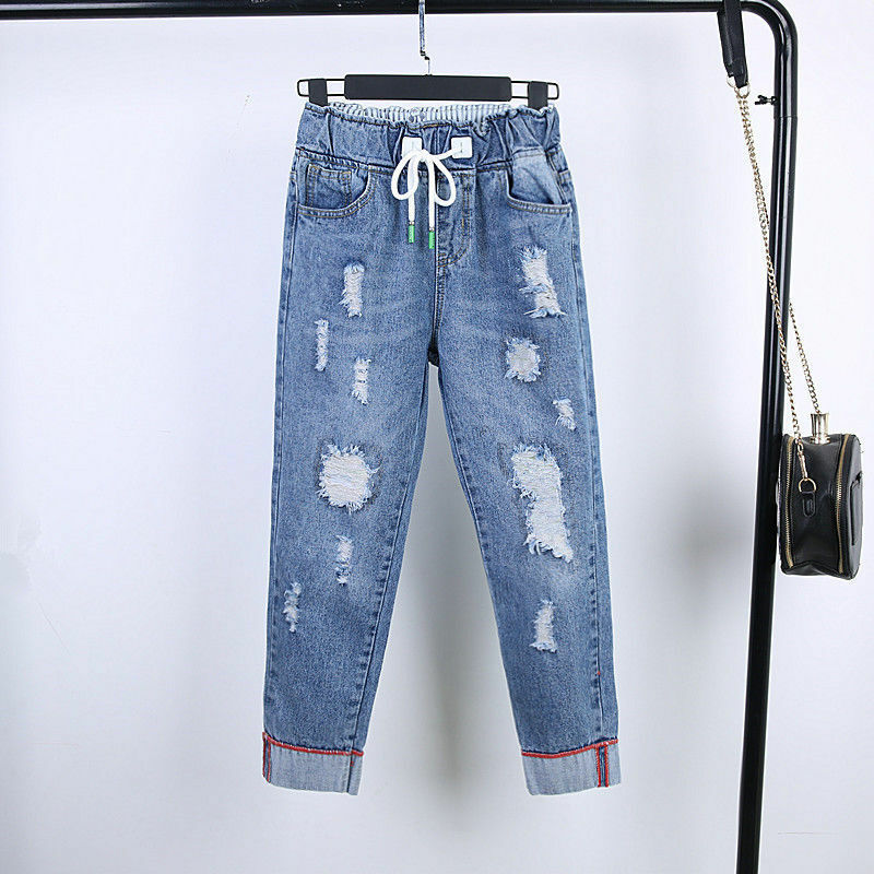 Harlan Jeans donna estate edizione coreana sciolto vita alta elastico in vita buco pantaloni in Denim pantaloni Casual femminili Streetwear