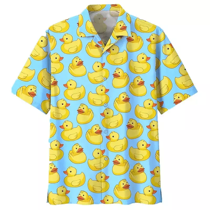 Top de lapela abotoado aberto masculino, manga curta, camisa casual havaiana, estampa de pato, legal e confortável