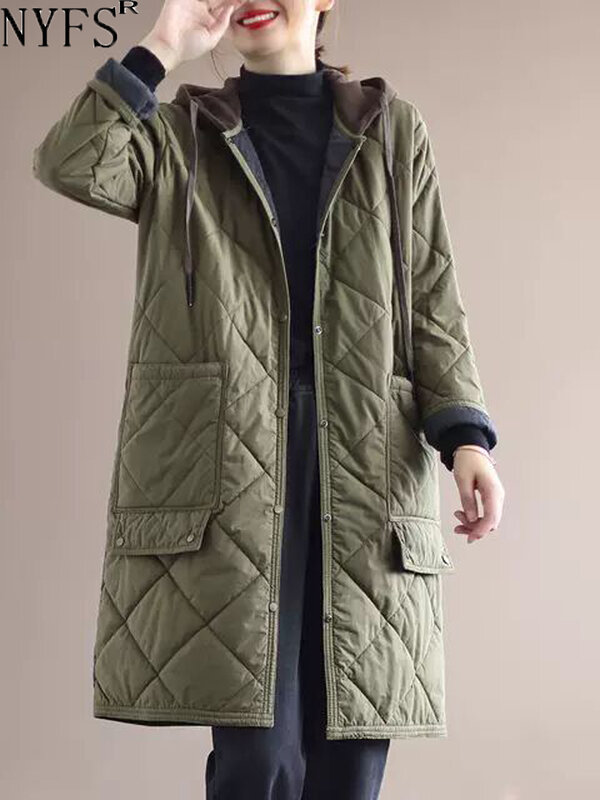 NYFS-Chaqueta holgada con capucha para mujer, abrigo grueso con una hilera de botones, estilo POLO, talla grande, invierno, 2023