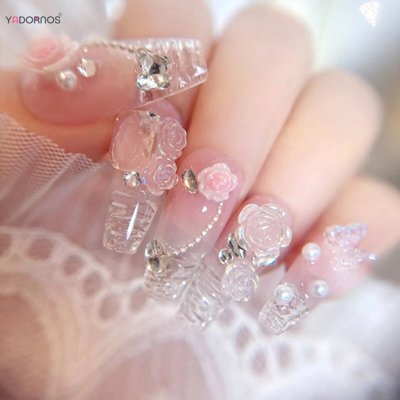 10 szt. Różowa ręcznie robiona sztuczne paznokcie z wzór kwiatowy długą prasą baletową na paznokciach diamentowa dekoracja do noszenia fałszywy do paznokci tipsów dla kobiet