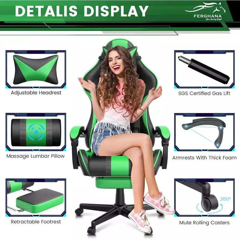 인체공학적 레이싱 스타일 PC 게임 컴퓨터 의자, 머리 받침 요추 지지대, 조절 가능한 안락 의자, PU 가죽