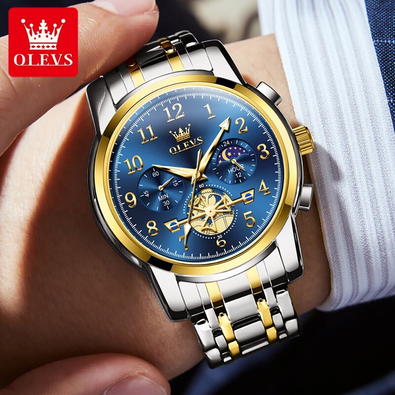 Olevs-男性用の防水ステンレス鋼時計,月の相,発光,ファッショナブル,スケルトン,クロノグラフ,クォーツ腕時計,新品