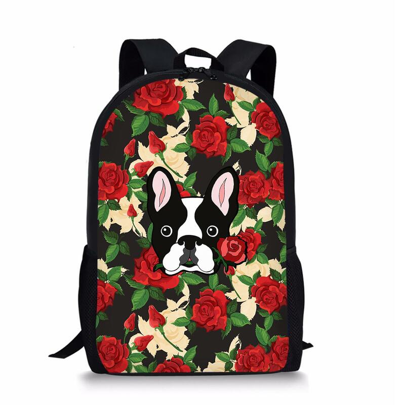 Mochila escolar de poliéster con estampado de Bulldog Francés para niñas, bolsos de libros informales, mochilas escolares con estampado de flores y perros