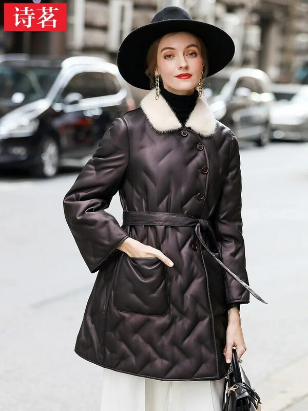 女性のための本革のコート,ミドル丈の長さ,きらびやかなシープスキンジャケット,冬,2023