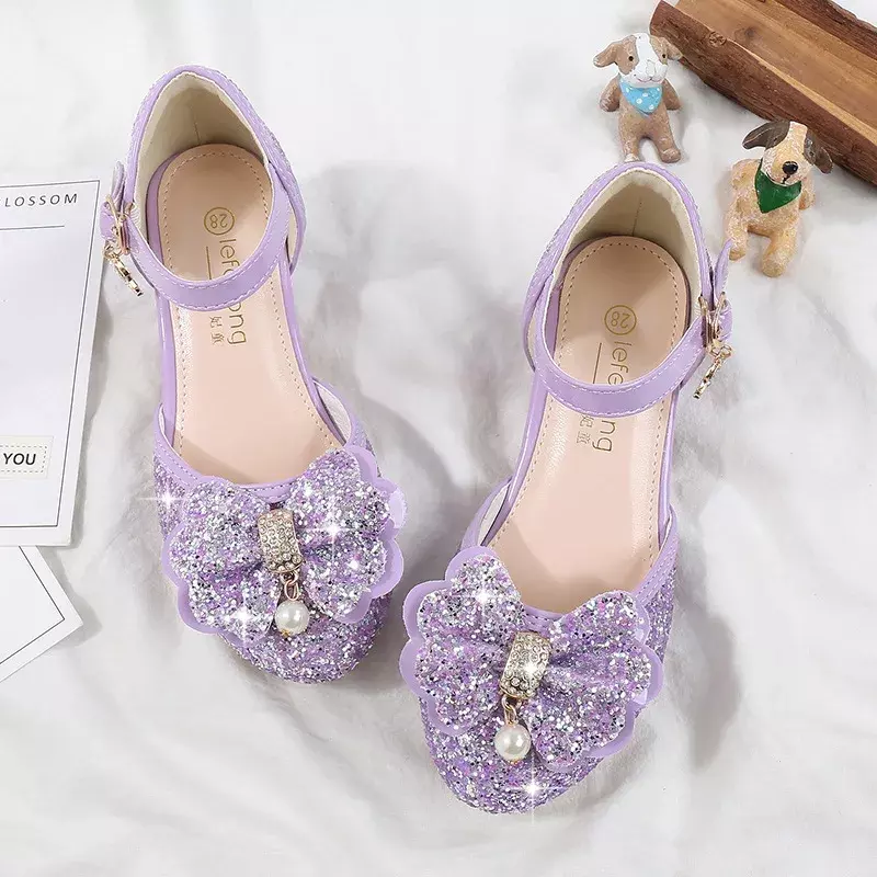 Zapatos de tacón alto con lazo de lentejuelas para niña, zapatillas de baile individuales, zapatos de princesa con cabeza Bao