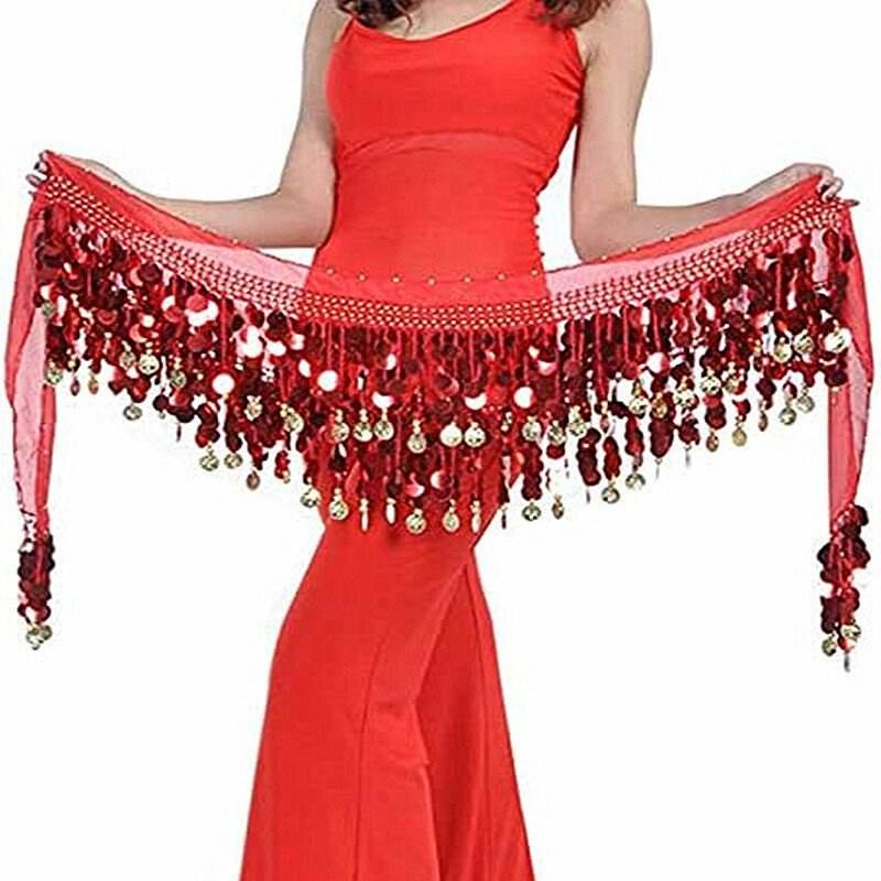 1 pc Belly Dance Sequin Hip Scarf Gold Coins Beadings Chiffon Belly Dance Wrap Skirt Performance Costume Women Waist Chain