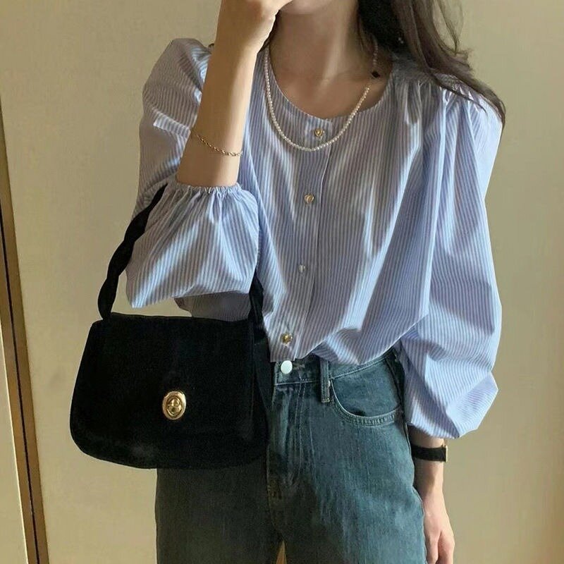 QWEEK Młodzieżowe koszule w paski Kobieta Koreańska moda Eleganckie bluzki z rękawami latarniowymi Casual Chic Old Money Style Spring Aesthetic