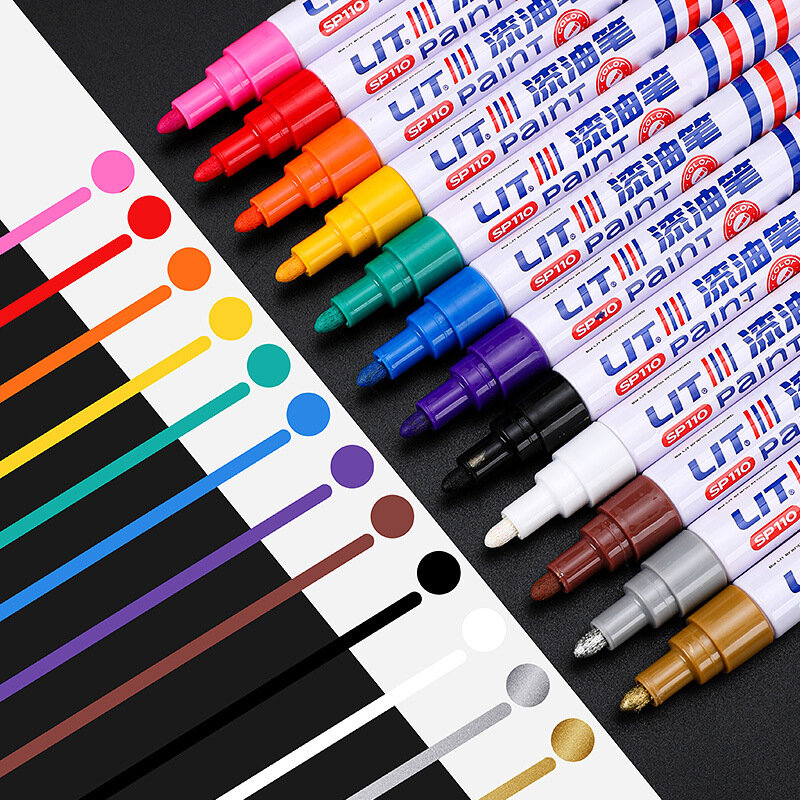 다채로운 영구 페인트 마커, 방수 화이트 마커, 타이어 트레드 고무 패브릭 페인트 금속 펜, 12 색 페인트 마커, 1 개
