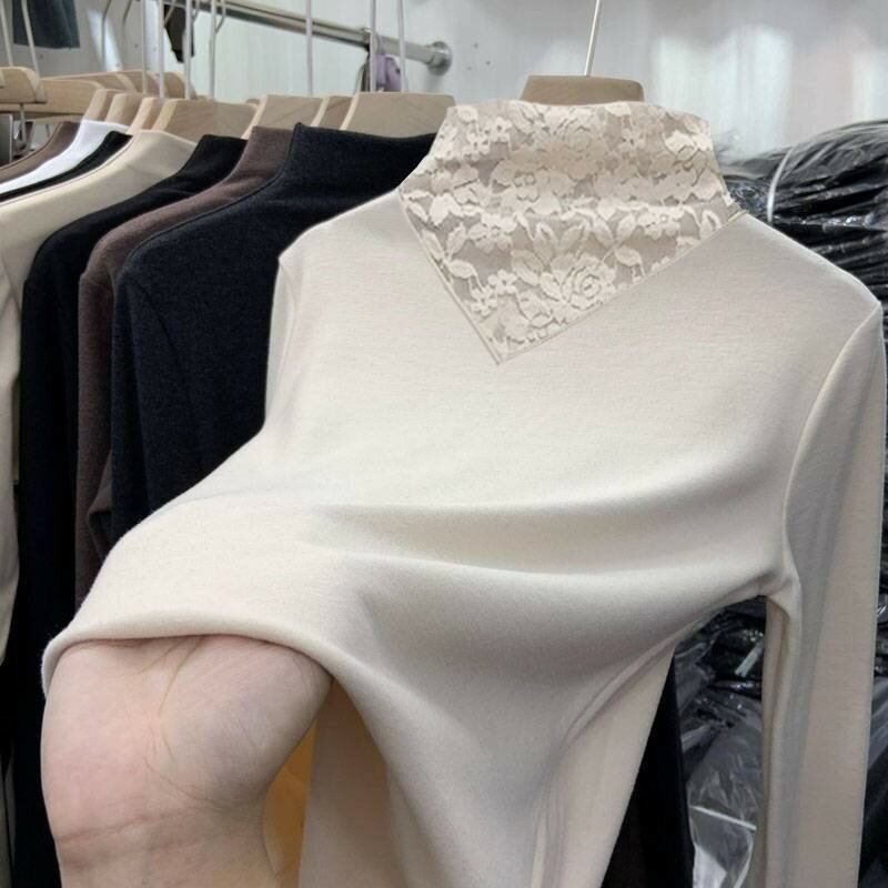 2024 jesienno-zimowych kobiet zagęszczony ciepły koronkowy pot z aksamitnym półgolf wewnętrznym Layup ciepłe bluzki wysokiej klasy Pullove Plus Size