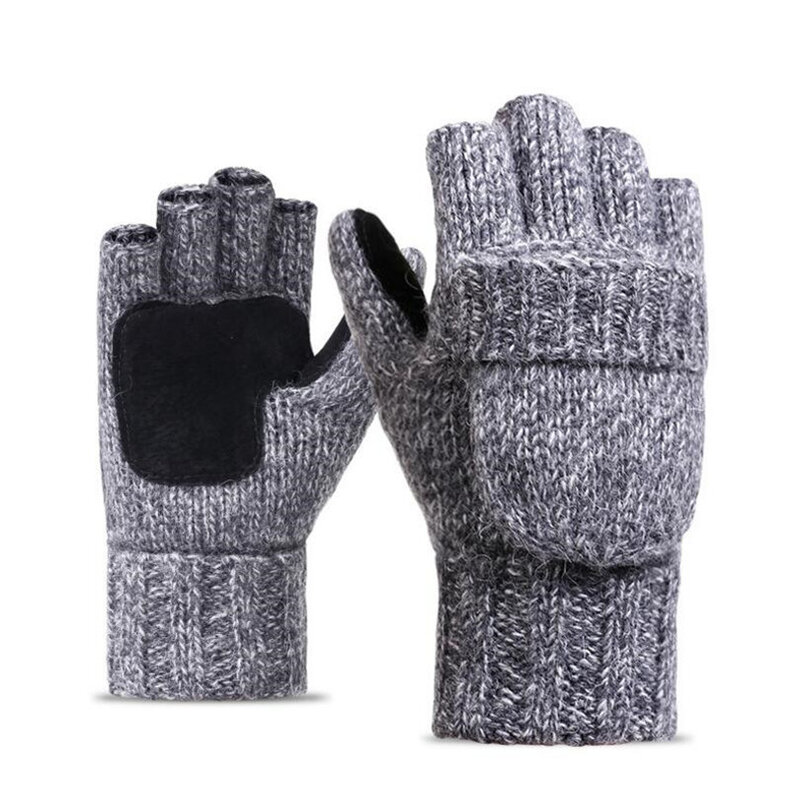Плотные мужские перчатки без пальцев унисекс, мужские шерстяные зимние теплые варежки с открытыми пальцами, вязаные теплые перчатки с откидной крышкой