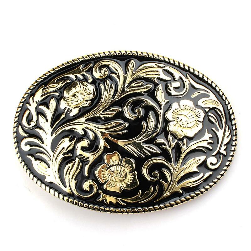 Fivela de cinto cowboy ocidental masculino, antiga gravada, padrão floral dourado, arte design