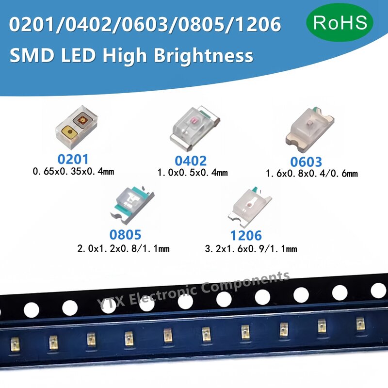 100PCS Diode lumineuse LED SMD, rouge, bleu, jaune, orange, blanc, chaud, vert, 0201, 0402, 0603, 0805, 1206