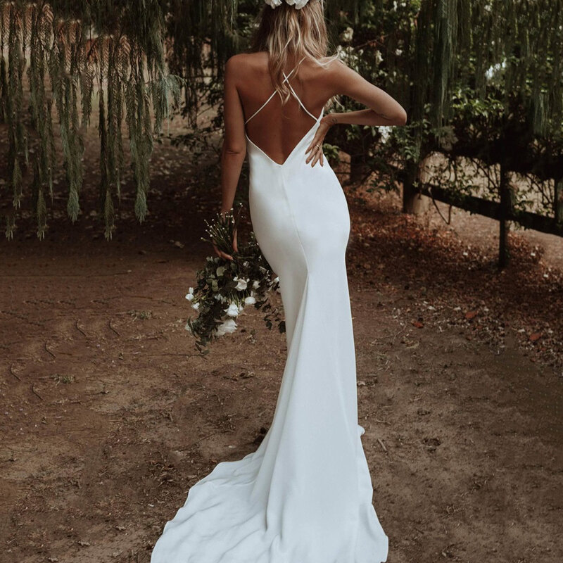 Challoner Simple Mermaid Wedding Dress V-Neck Spaghetti Straps Sleeveless Backless Bridal Gown Floor Length Vestidos De Noiva