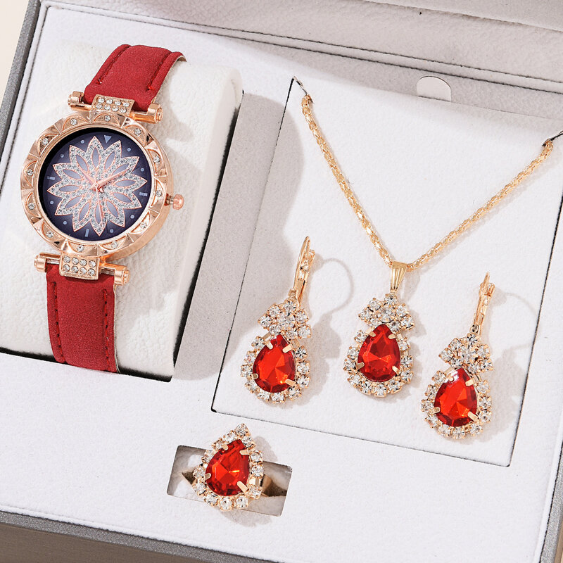 Jam tangan wanita, 5 buah Set jam tangan kulit wanita kasual sederhana gelang jam tangan Analog hadiah Montre Femme (tanpa kotak)