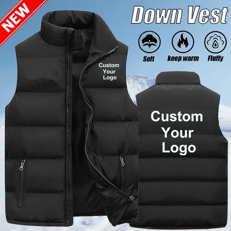 Chaleco cálido con cremallera y logotipo personalizado para hombre, chaqueta deportiva informal sin mangas con cuello levantado, chaleco de plumón de invierno