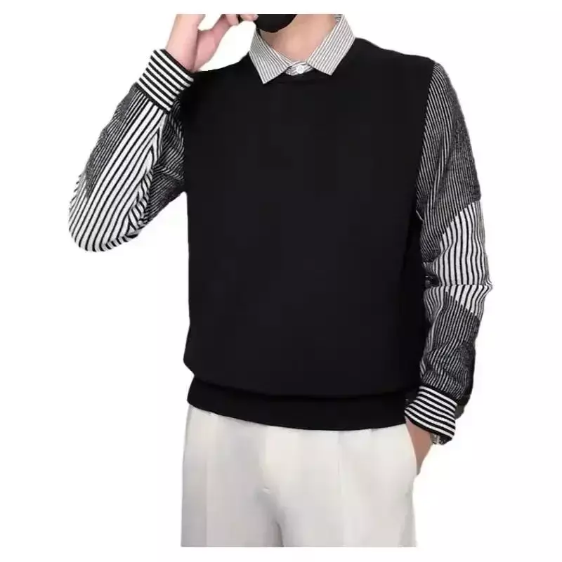Suéter de dos camisas a rayas base para hombre, prendas de punto de manga larga, suéter informal guapo, tendencia de otoño e invierno