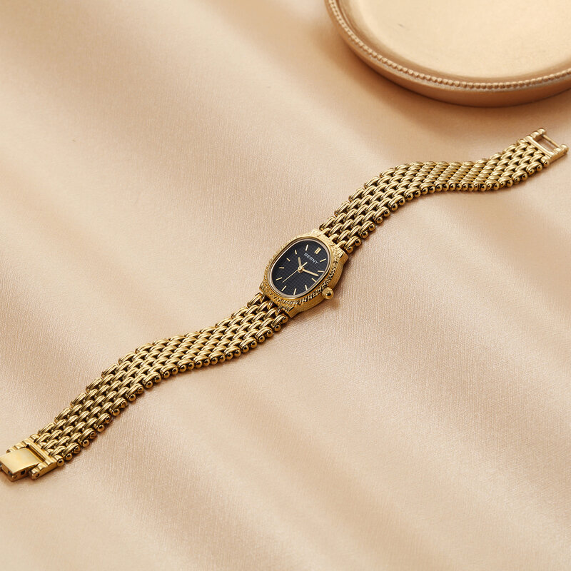 BERNY-Relógio de pulso elíptico feminino, relógio de quartzo, dourado, pulseira de aço inoxidável, impermeável, simples, vestido retrô, luxo