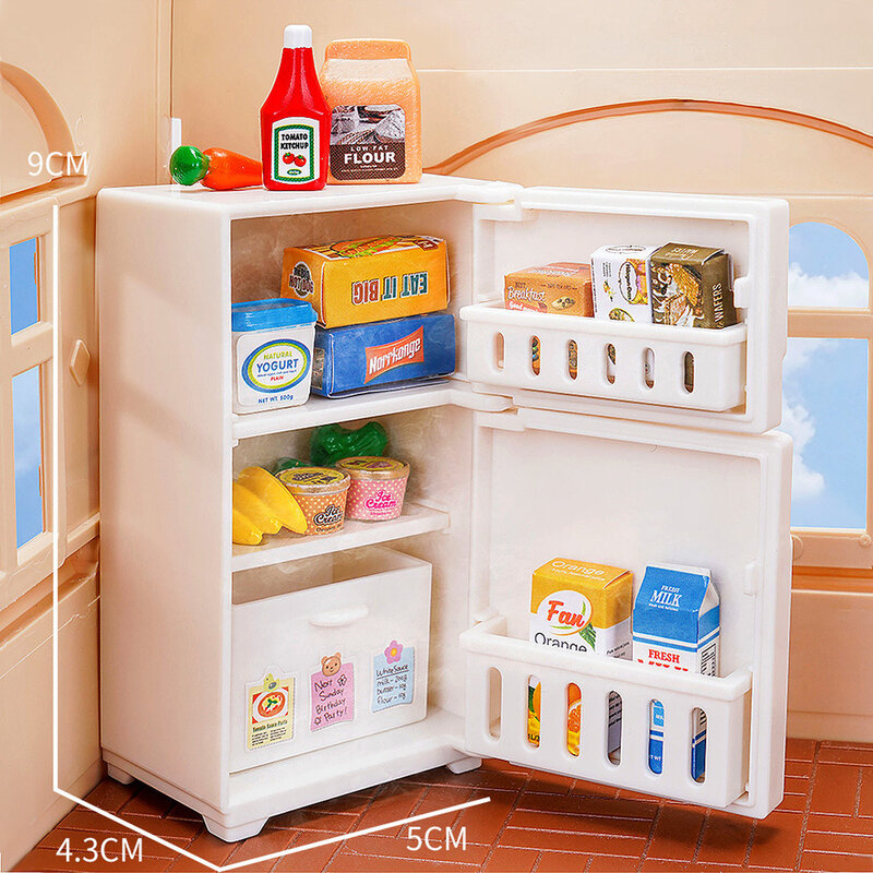 อุปกรณ์ตกแต่งโมเดลตู้เย็นขนาดเล็กสำหรับบ้านตุ๊กตา1เซ็ตของใช้ในครัว makanan rumahan ของเล่นสำหรับเด็ก