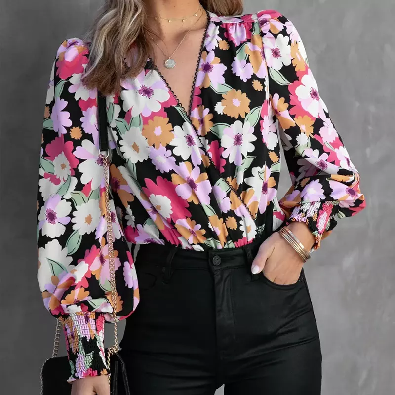 Tops florais de manga comprida estampados com renda vintage, camisa patchwork da senhora do escritório, blusa casual com decote em v, moda feminina, 29597