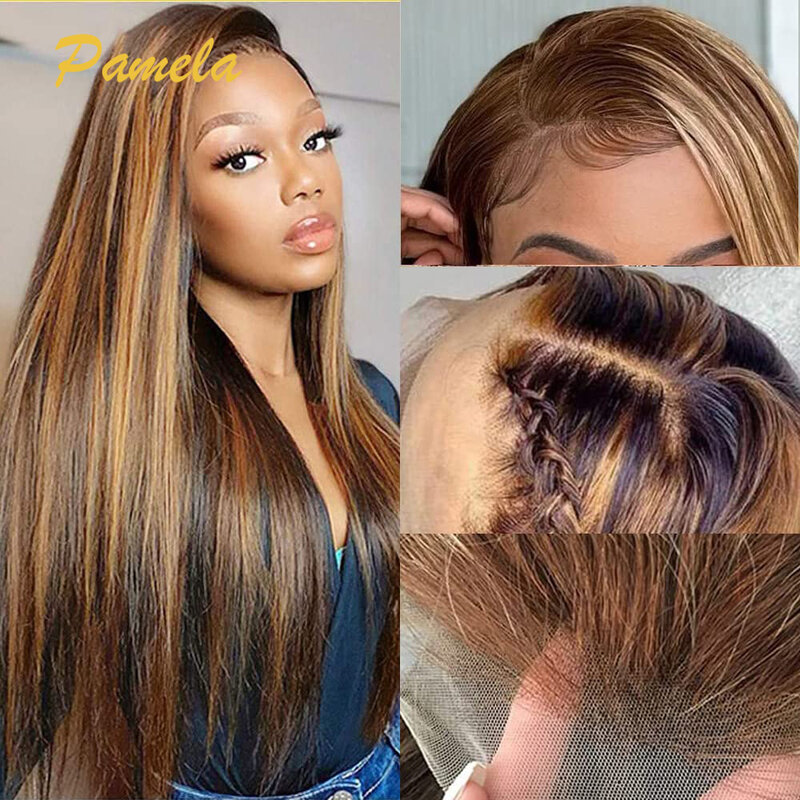 Honey Blonde Straight Lace Front Wig para Mulheres, Cabelo Humano, HD Transparente Lace Frontal Perucas, Destaque Colorido, 13x6, 4/27, 30in