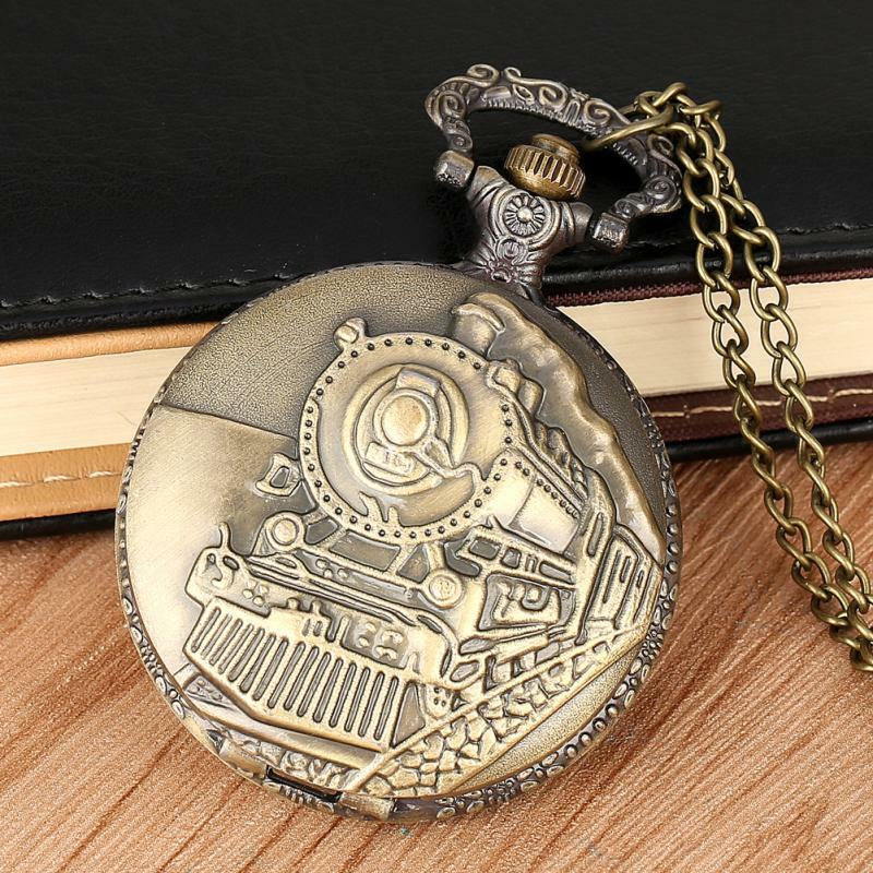 Reloj de cadena de bronce para hombre, diseño de motor de locomotora de tren antiguo, bonito collar colgante, reloj de bolsillo
