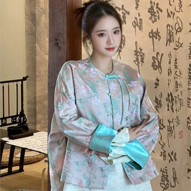 Camisa retrô com estampa floral feminina, top, botão, estilo chinês, nova