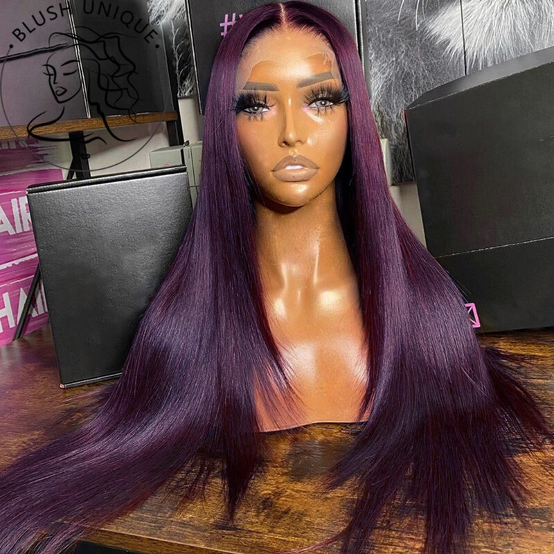 Wig lurus Burgundy gelap renda depan sintetis ungu tua wig Frontal HD renda UNTUK WANITA tanpa lem sebelum dipetik dengan rambut bayi