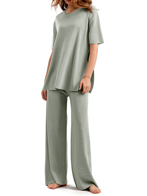 Traje de dos piezas de moda para mujer, top de manga corta con cuello redondo, ropa elegante de cintura alta, Color sólido, 2024