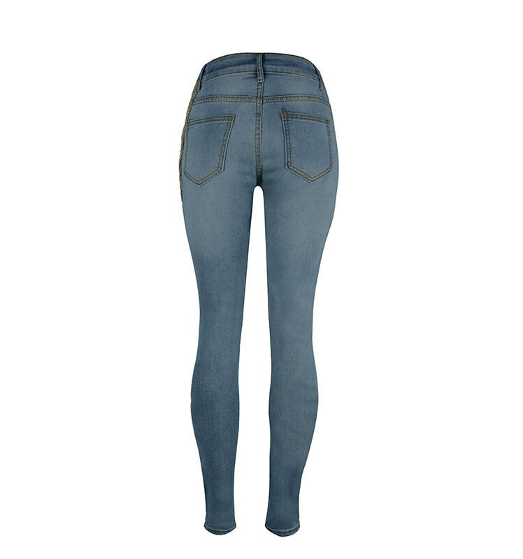 Letnie seksowne łańcuszki z dziurkami wiszące elastyczne spodnie mała stopa spodnie jeansowe damskie jeansy