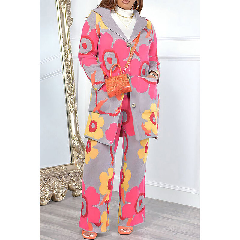 Plus Size Casual Pant Set Pink Flower Print Lapel Colorblock Dzianinowy dwuczęściowy zestaw spodni z kieszenią