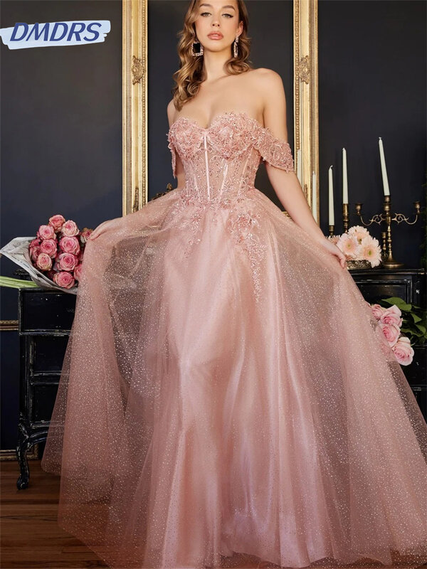 Gaun bahu terbuka elegan 2024 klasik gaun malam lengan pendek renda modis bentuk huruf A gaun panjang lantai Vestidos De Novia