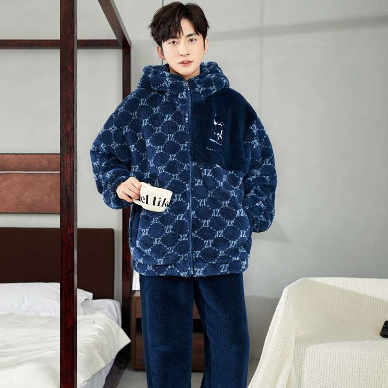 Heren Winter Pyjama Warme Nachtkleding Huis Pak Koraal Fleece Herfst Pluche Dikker Rits Homewear Capuchon Pyjama 'S Voor Thuis