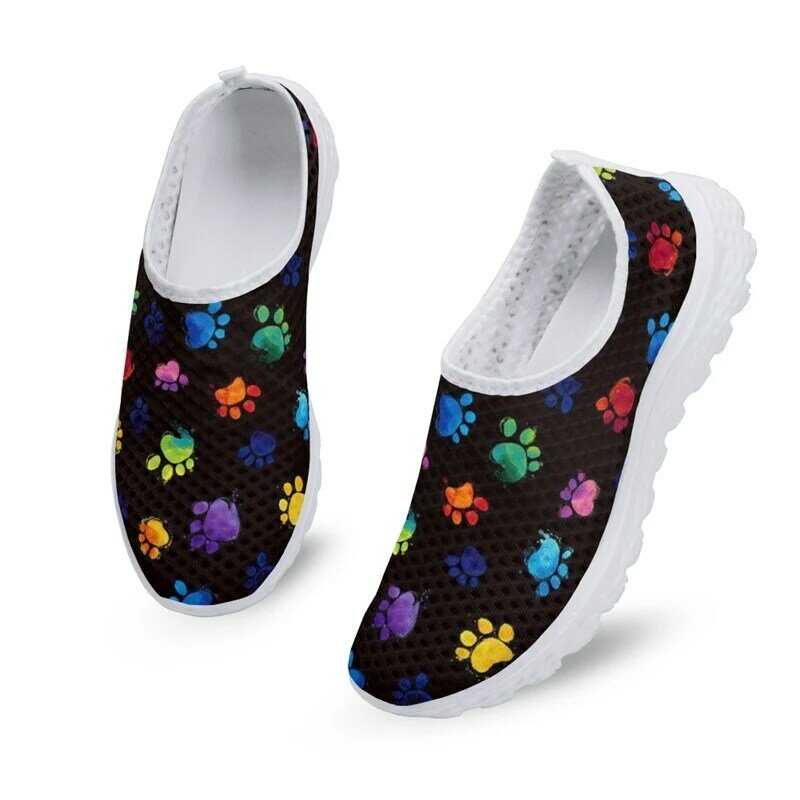 Mesh Women Casual Shoes Rainbow Color Dog Paw Pattern Printing Breathable Flats Female Slip On Sneakers Sapato Lady