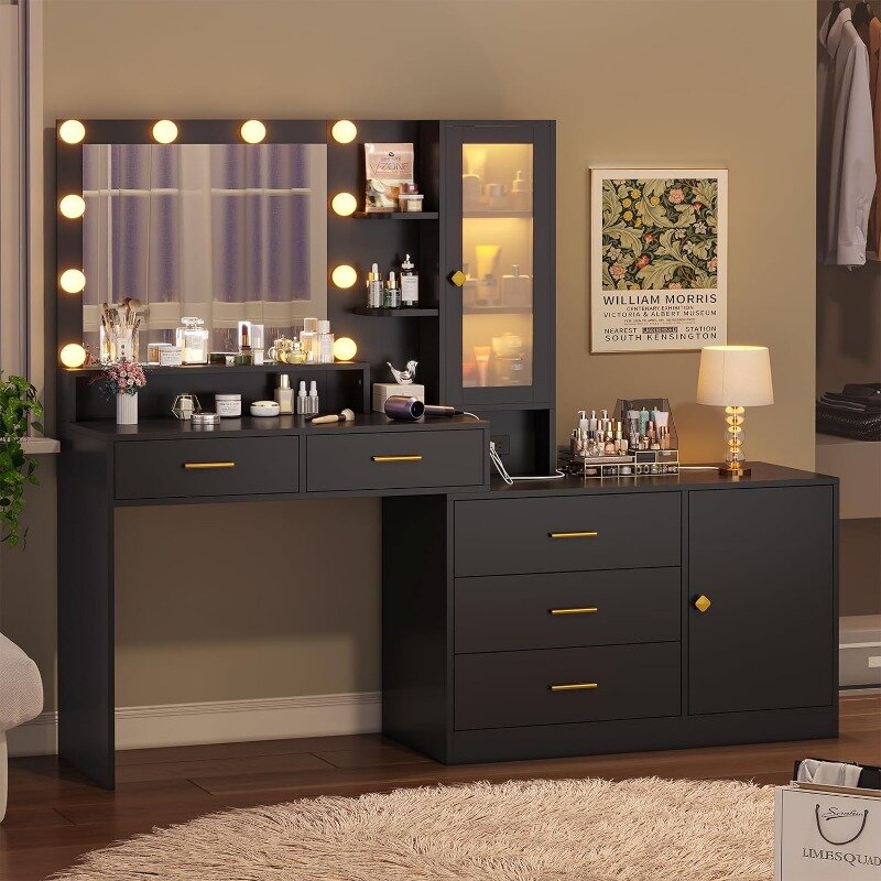Makeup Vanity with Lights Vanity Desk with Mirror, Large Vanity Table Set with Drawer Dresser, Charging Station & RGB Cabinets