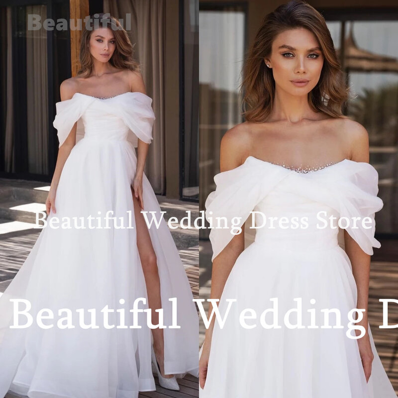 Neue weiße Frauen Hochzeits kleid schiere O-Ausschnitt Perlen Applikationen a-Linie bodenlangen Vestidos de Novia 2024 Brautkleid Robe de Mariée