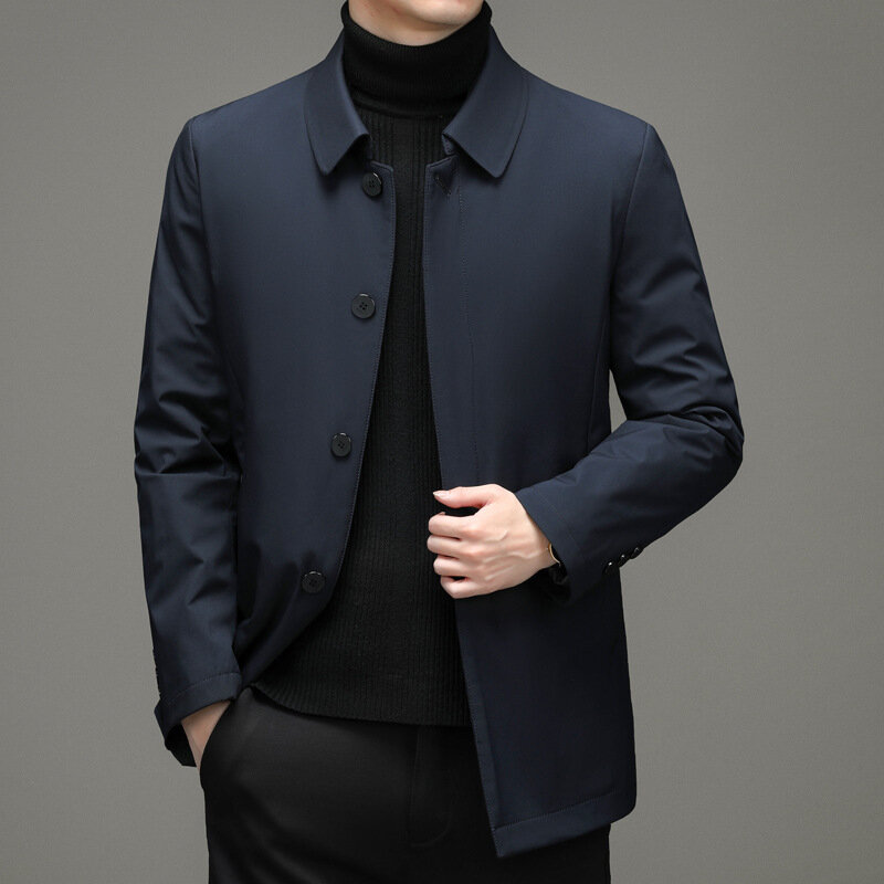 2024 남성용 비즈니스 캐주얼 라펠 다운 재킷, 싱글 브레스트, 중간 길이, 따뜻한 다운 재킷