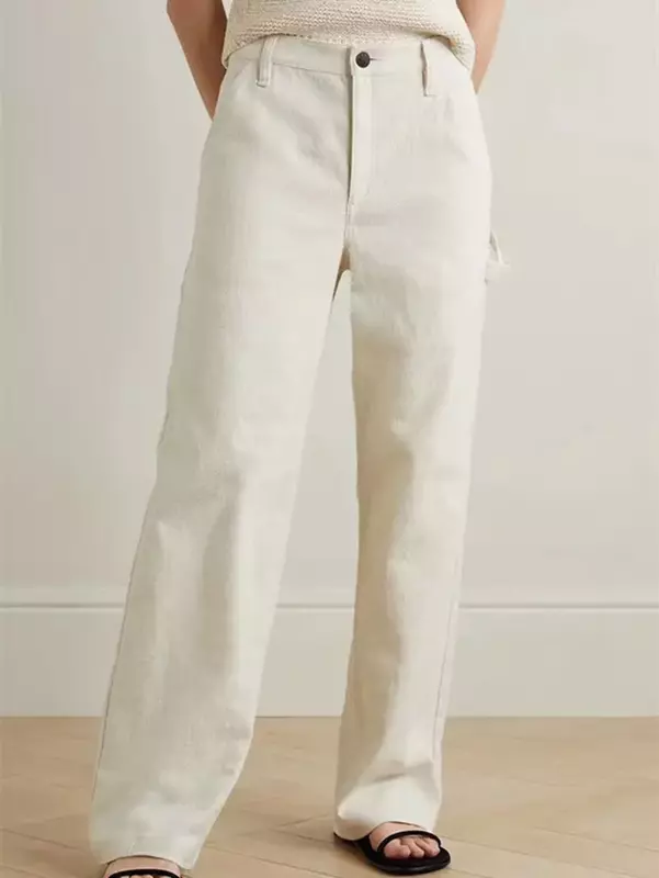 جينز نسائي مستقيم بطول كامل ، سراويل جينز فضفاضة ، جيوب ذبابة ، أحادية اللون ، سحاب ، كاجوال ، جديد ،