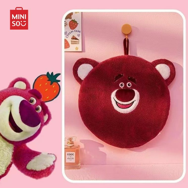 MINISO Strawberry Bear Hanging Wipe Coral Plush Wipe Cartoon Cute Children's Double Layer Cloth 2024