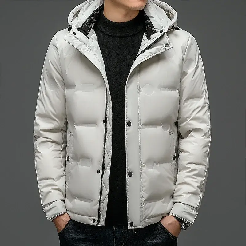Jaket panjang bertudung musim dingin pria, pakaian mantel panjang kasual pendek tebal termal modis untuk pria