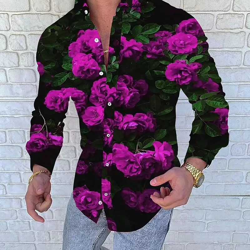 Camisa masculina com estampa floral, leprechaun azul rosa, lapela de folhas estampadas, qualidade superior, moda designer, novo estilo, alta qualidade, 2023