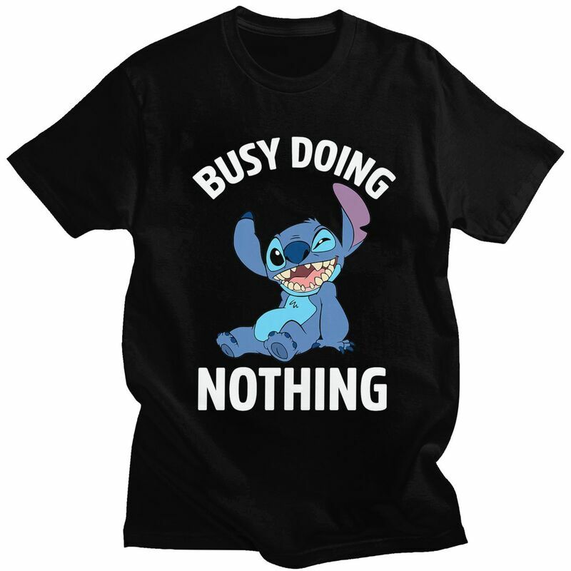 Stitch Anime T Shirts for Men Cotton Tees Busy Doing Nothing Tshirt Short Sleeve Printed T-shirt Clothes