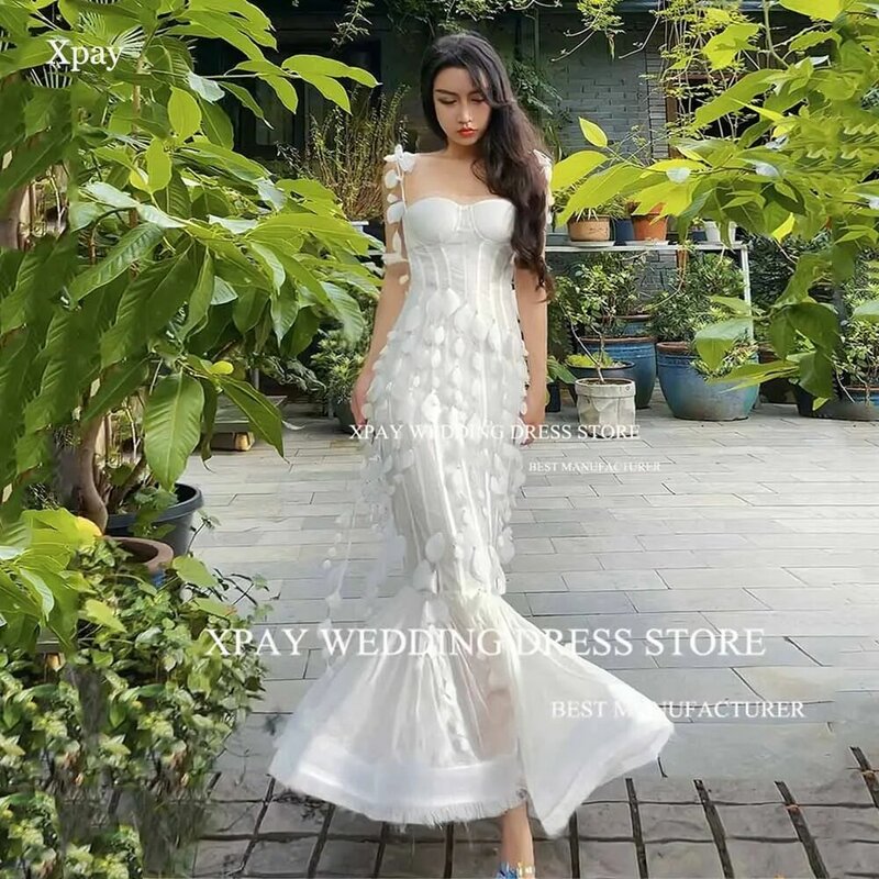 XPAY Sweetheart gaun pernikahan putri duyung Korea tali Spaghetti gaun pengantin rumbai renda 3D korset Rekam foto gaun pengantin Ruched