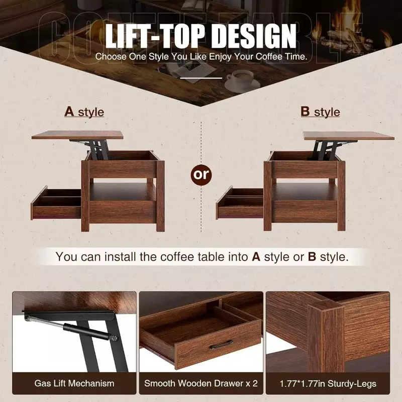 Stolik kawowy, podnoszony stolik kawowy z szufladami i ukrytą przegrodą, centralny stół w stylu retro z drewnianym blatem podnoszonym
