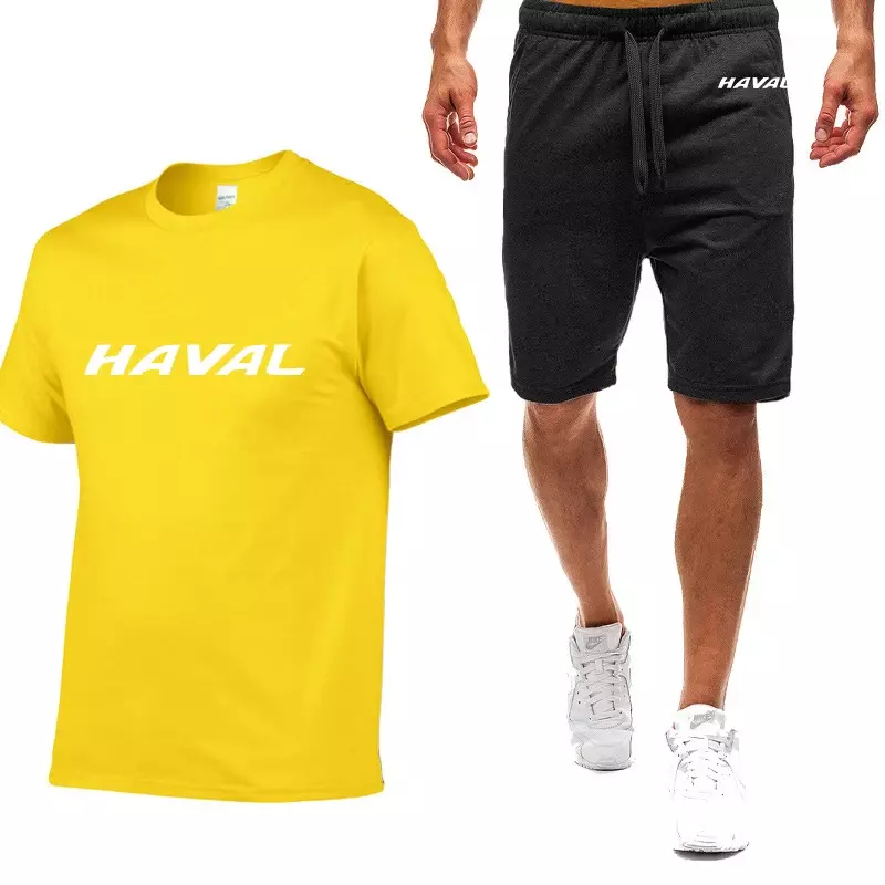 Haval 2024ชุดเสื้อยืด + กางเกงขาสั้นสำหรับผู้ชาย, ชุดเสื้อยืด + กางเกงขาสั้นสำหรับผู้ชายแขนสั้นเก้าสีใส่สบายใหม่ฤดูร้อน