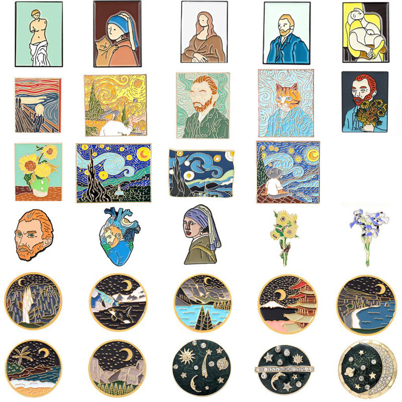 Broche de pintura al óleo de Van Gogh, broche de galaxia, estrella, Luna, girasol, broche de arte, Pin de solapa de Van Gogh