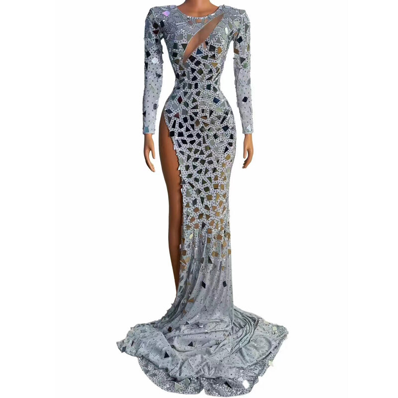 Customized New Long Sleeve Mesh High Elastic Sequins Sexy Tight Dress Birthday Party Long Dress Performance Dress