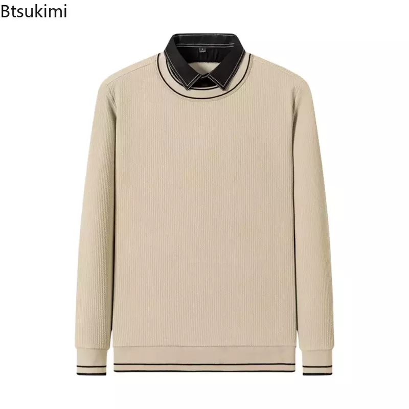 Мужская зимняя толстовка с длинным рукавом 2024, вязаные пуловеры, модная трендовая облегающая рубашка с имитацией двух частей, мужская одежда