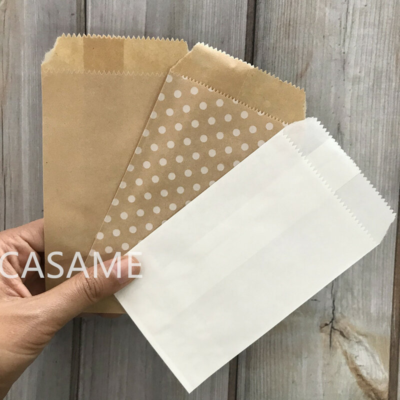 Bolsa de papel biodegradable para caramelos, bolsa de panadería artesanal con estampado de rayas y lunares, Chevron, 25/50/100 unidades